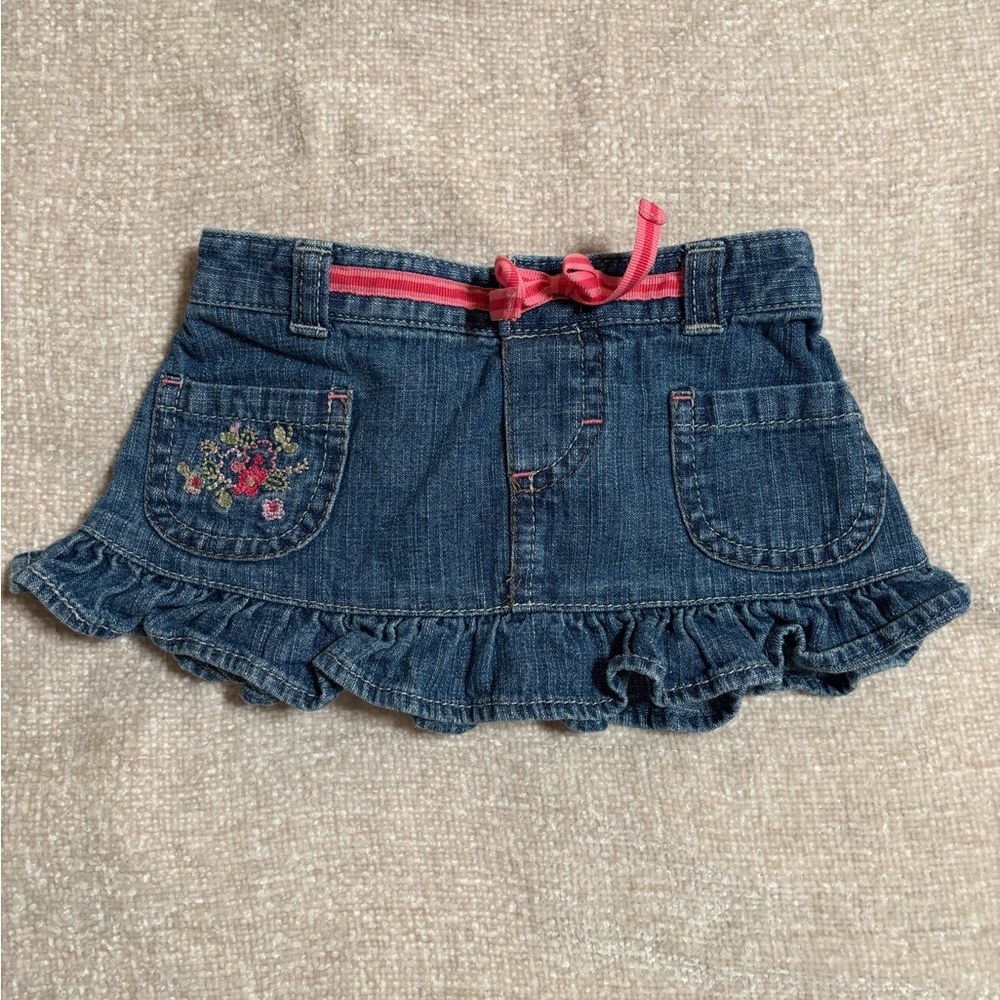 Vintage Girls Denim Ruffle Skirt with Pink Waist Tie